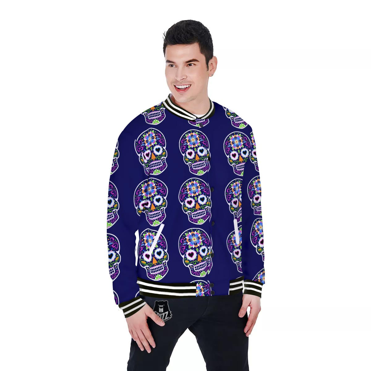 Sugar Skull Teal Pink Print Pattern Baseball Jacket-grizzshop