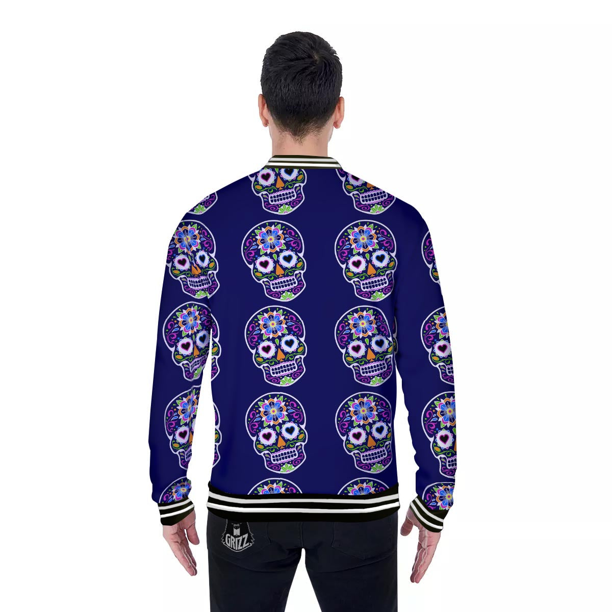 Sugar Skull Teal Pink Print Pattern Baseball Jacket-grizzshop