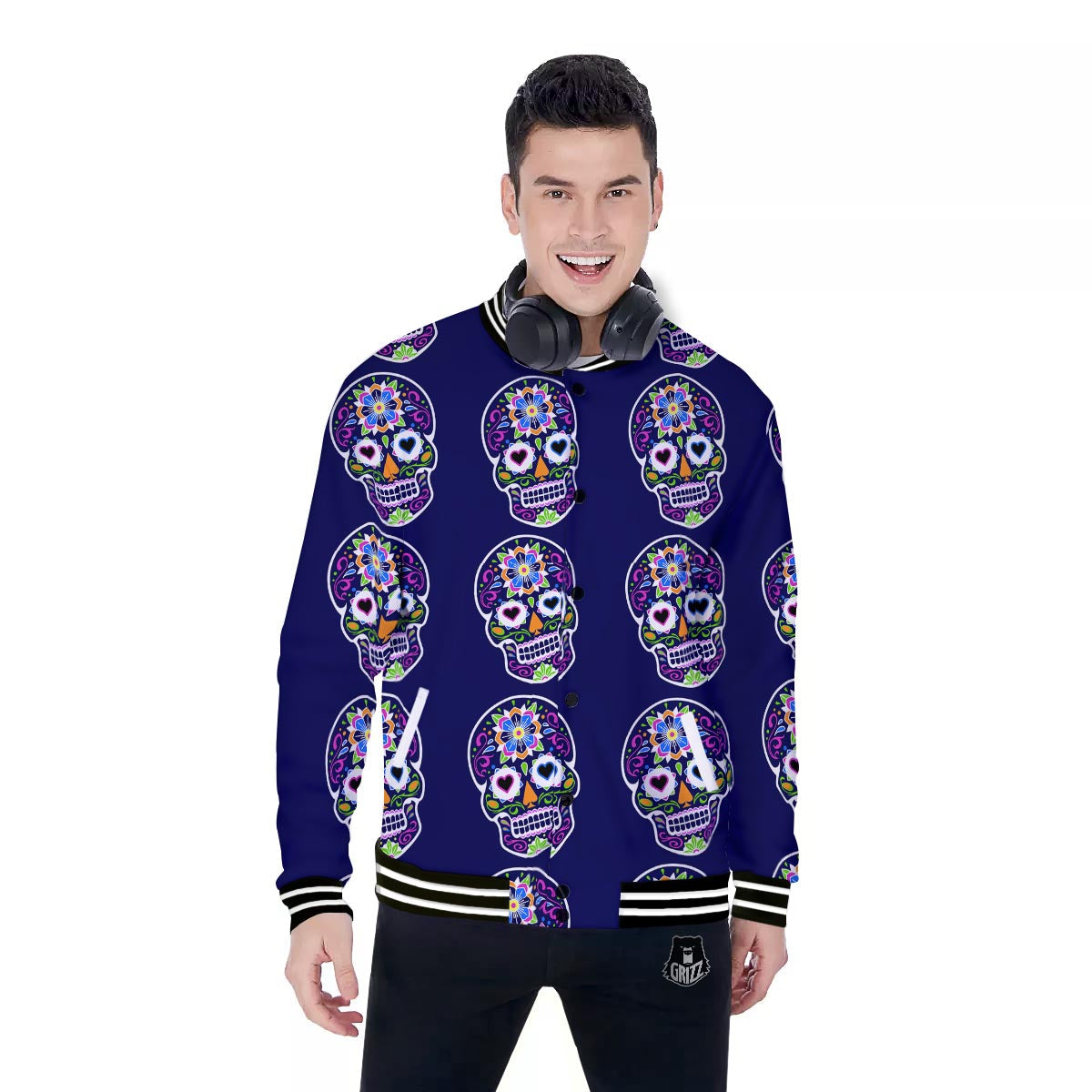 Sugar Skull Teal Pink Print Pattern Baseball Jacket-grizzshop