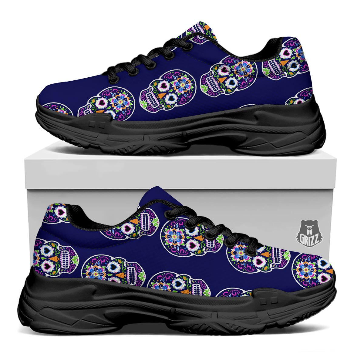 Sugar Skull Teal Pink Print Pattern Black Chunky Shoes-grizzshop