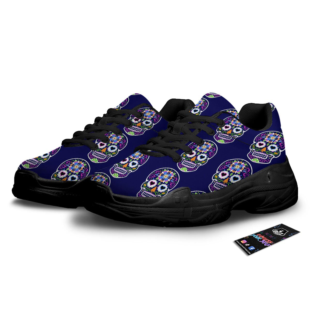 Sugar Skull Teal Pink Print Pattern Black Chunky Shoes-grizzshop