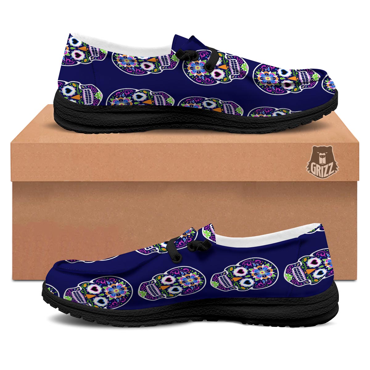 Sugar Skull Teal Pink Print Pattern Black Loafers-grizzshop