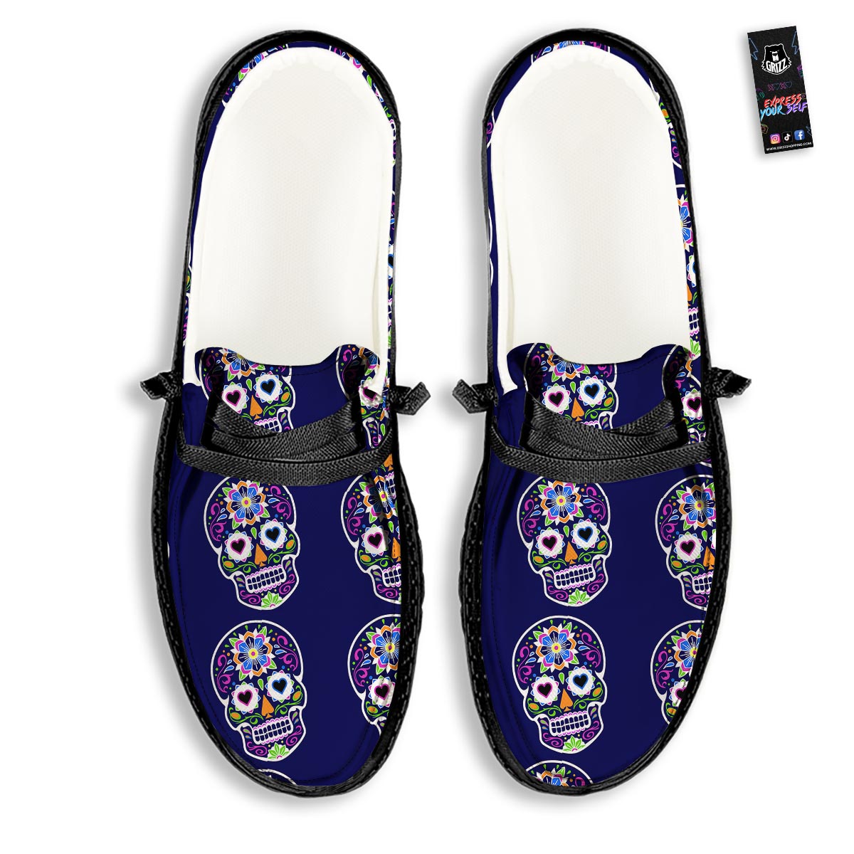 Sugar Skull Teal Pink Print Pattern Black Loafers-grizzshop