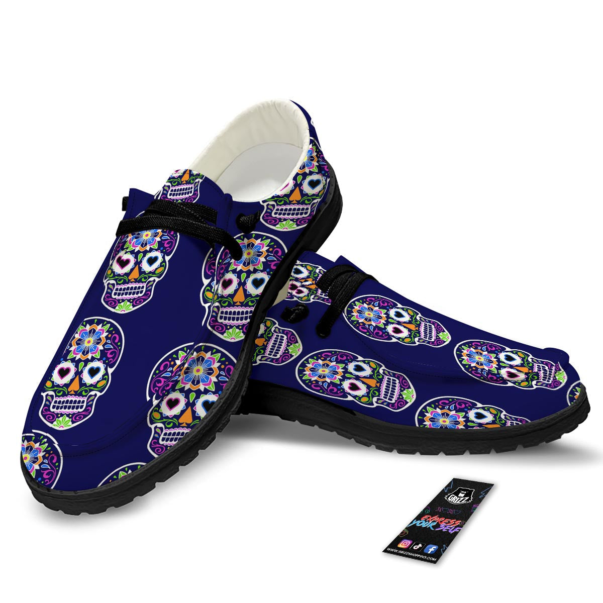 Sugar Skull Teal Pink Print Pattern Black Loafers-grizzshop