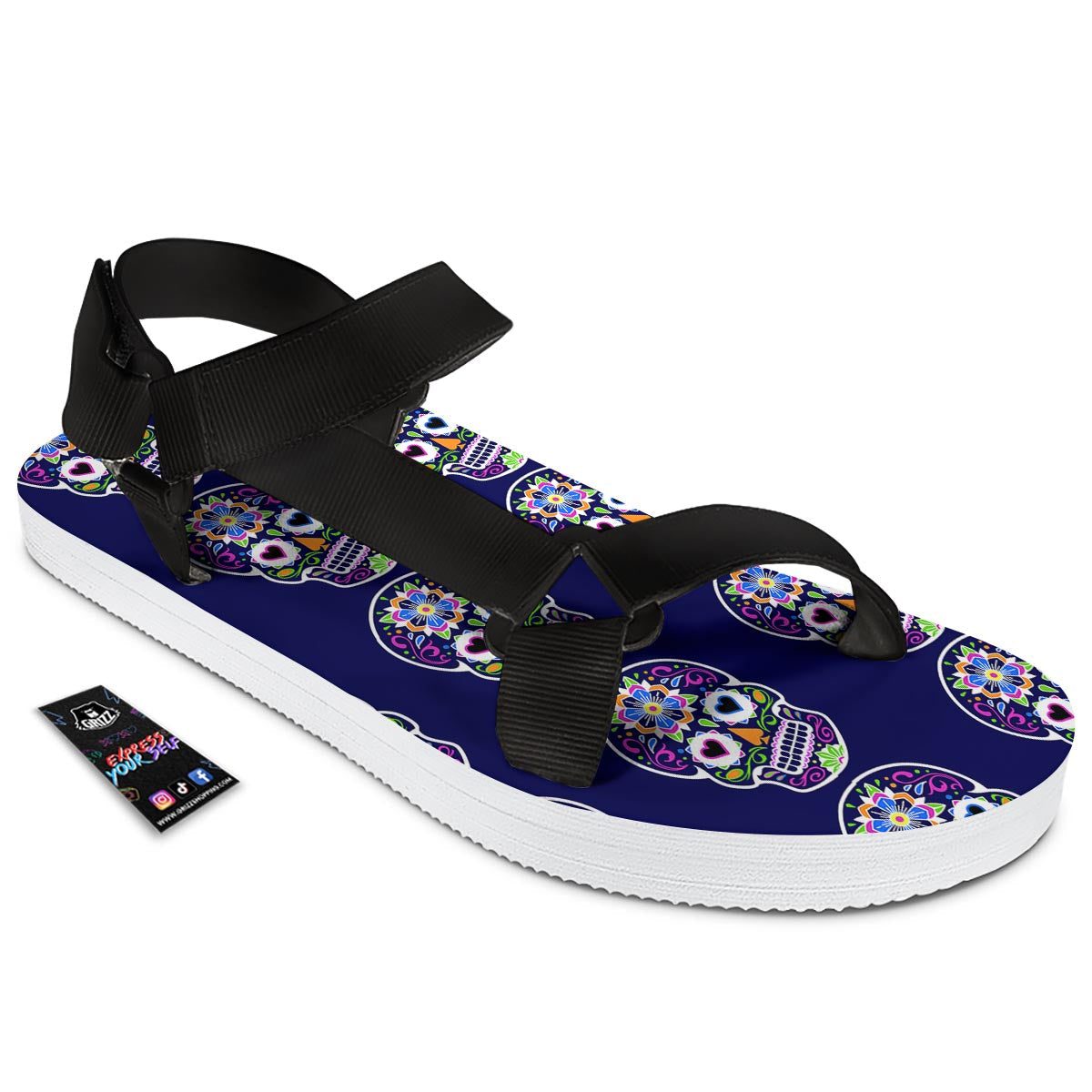Sugar Skull Teal Pink Print Pattern Black Open Toe Sandals-grizzshop