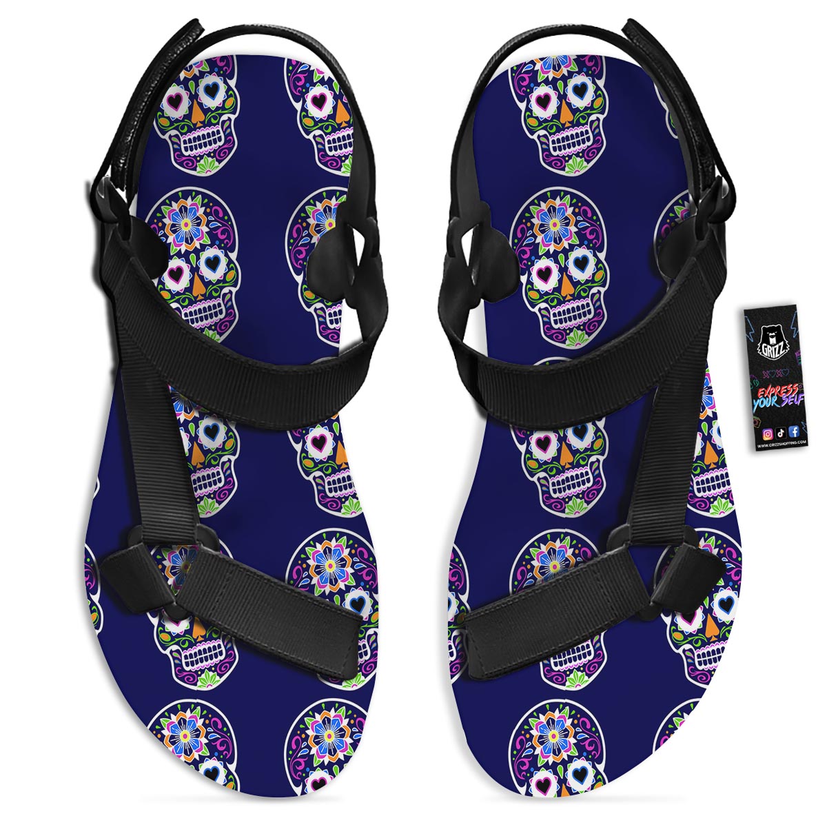Sugar Skull Teal Pink Print Pattern Black Open Toe Sandals-grizzshop
