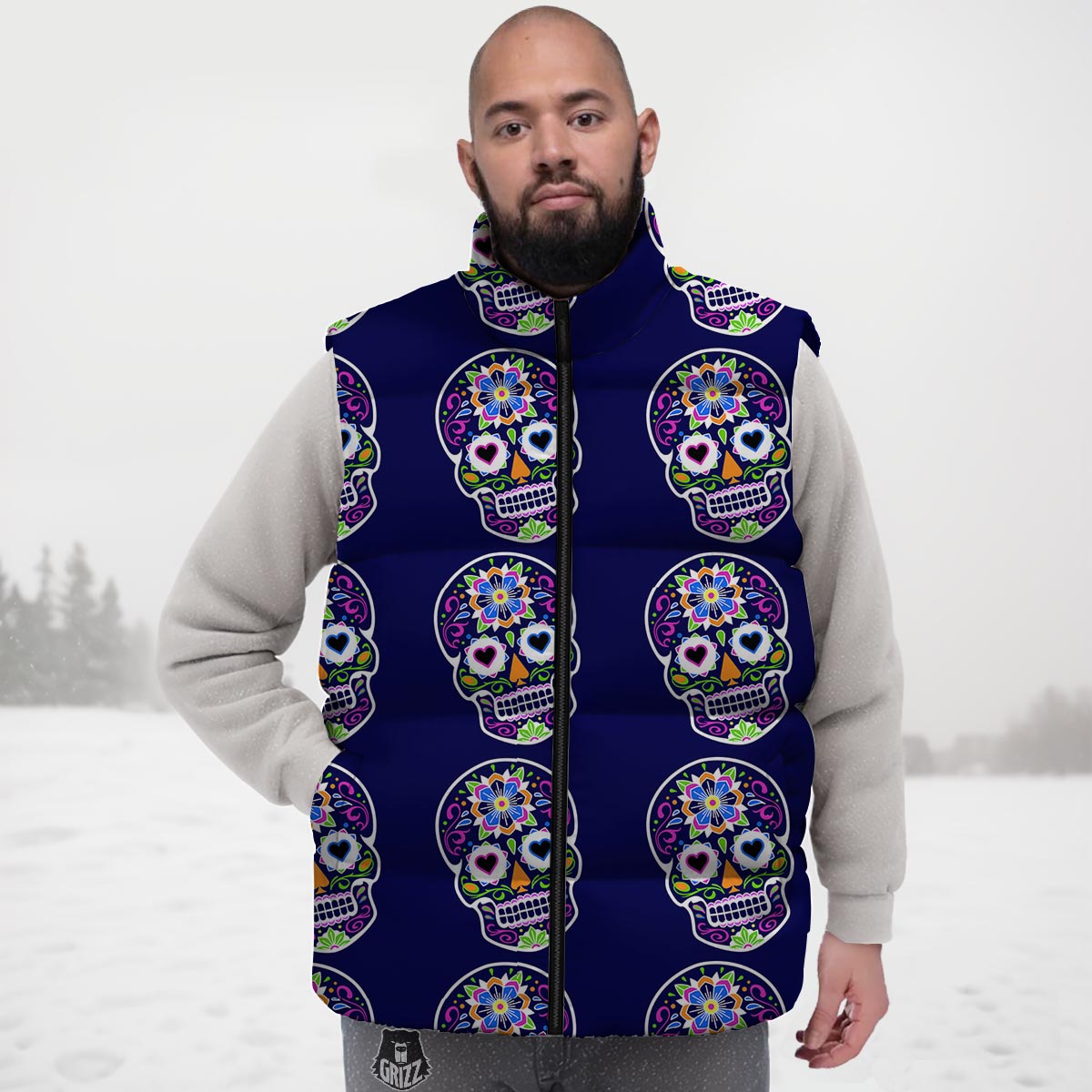 Sugar Skull Teal Pink Print Pattern Down Vest