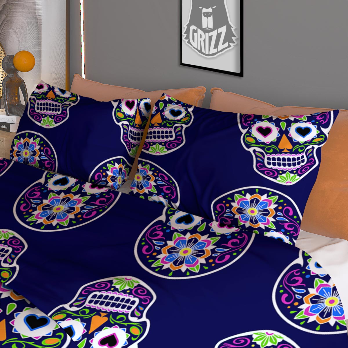 Sugar Skull Teal Pink Print Pattern Duvet Cover Bedding Set