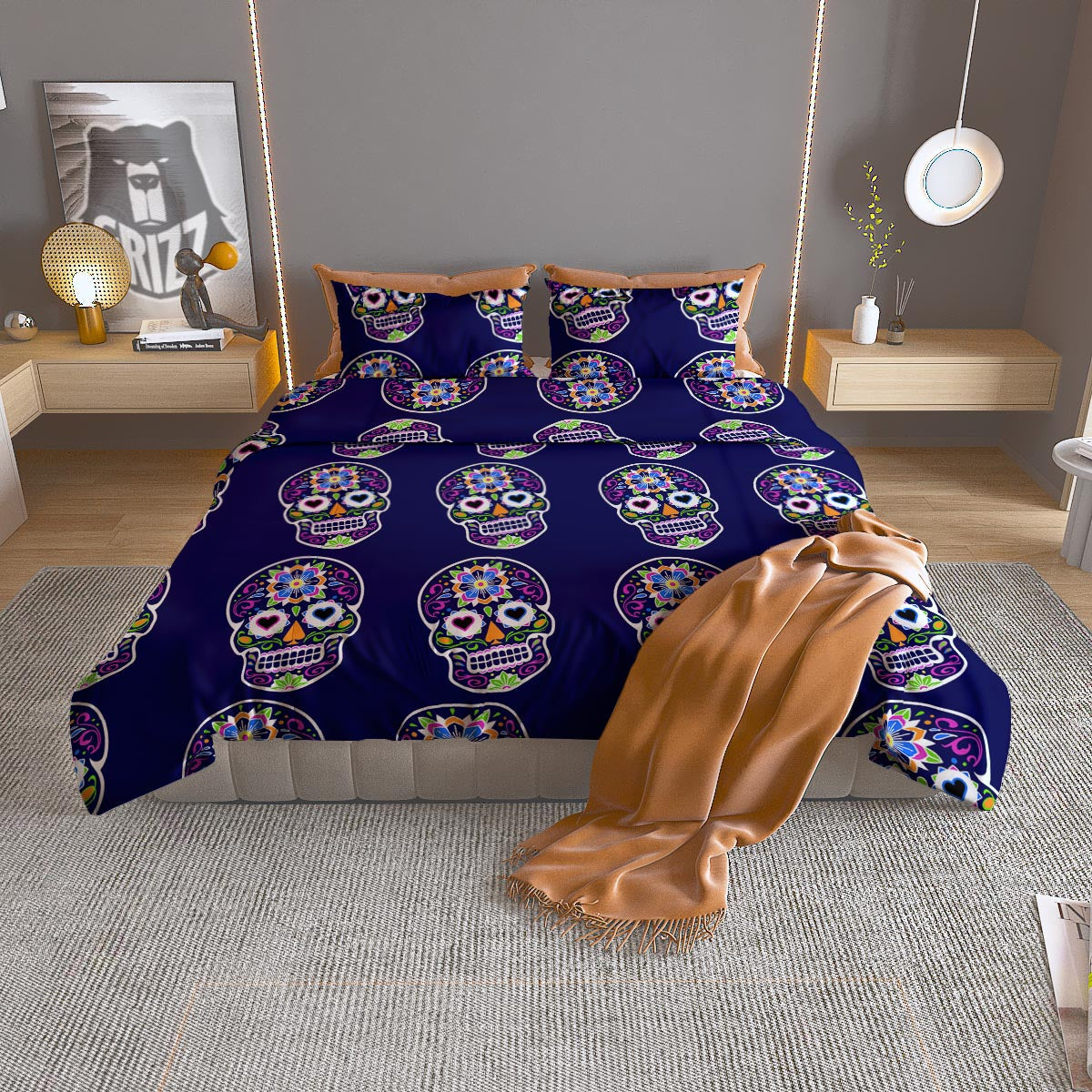Sugar Skull Teal Pink Print Pattern Duvet Cover Bedding Set