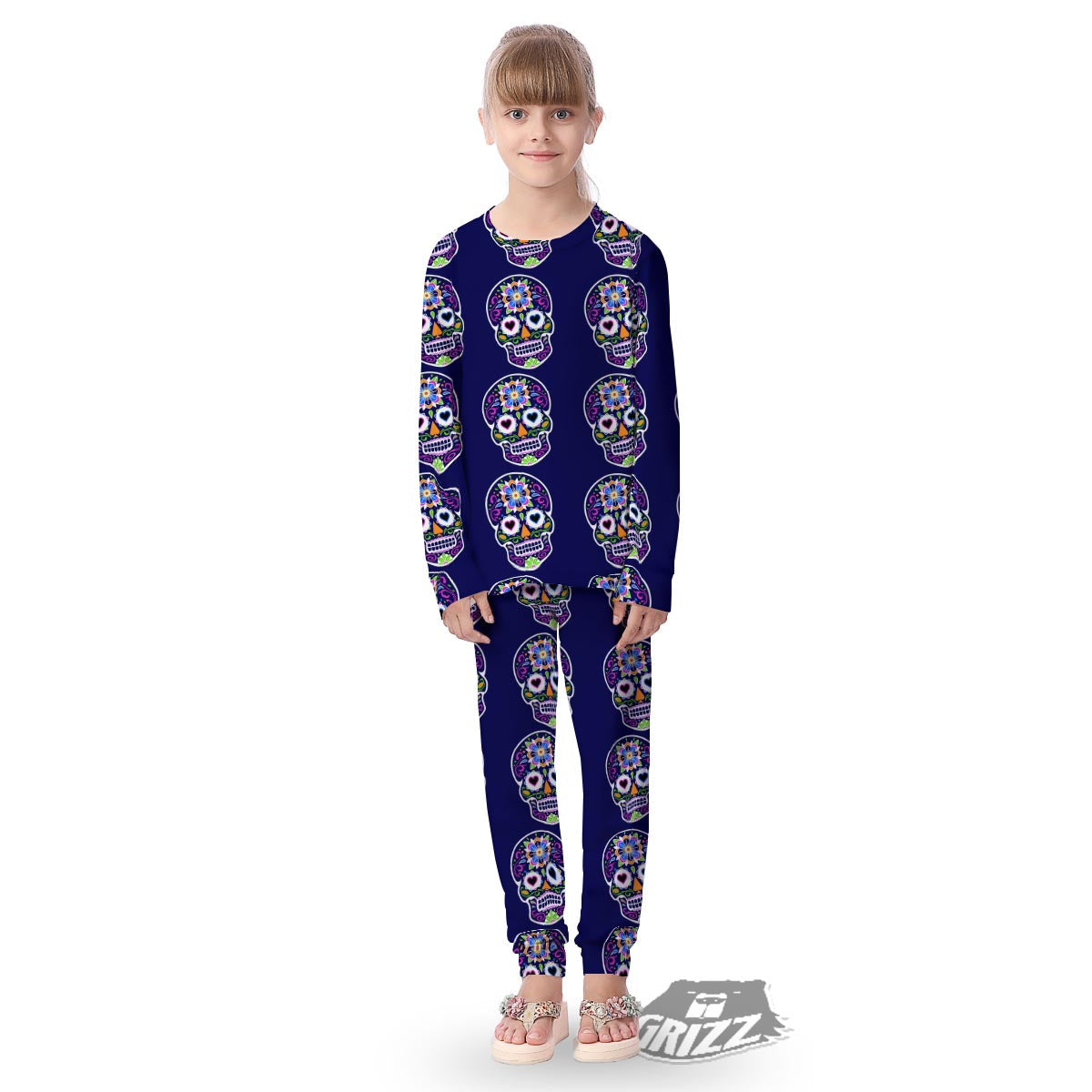 Sugar Skull Teal Pink Print Pattern Kid's Pajamas-grizzshop