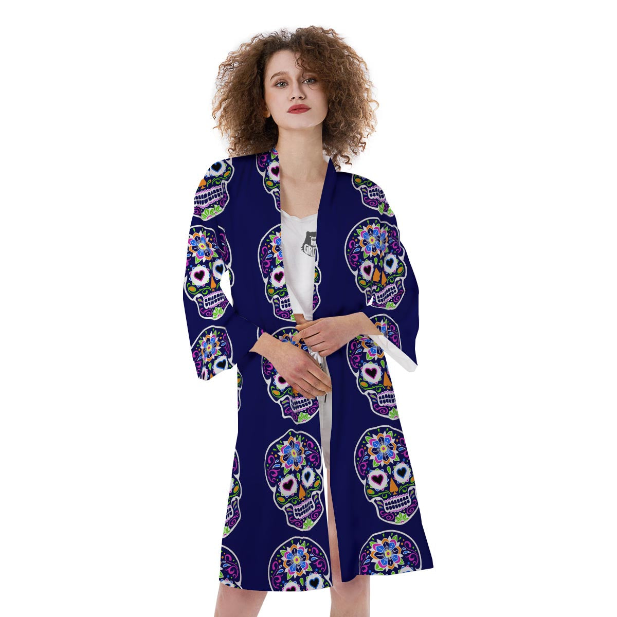 Sugar Skull Teal Pink Print Pattern Kimono-grizzshop