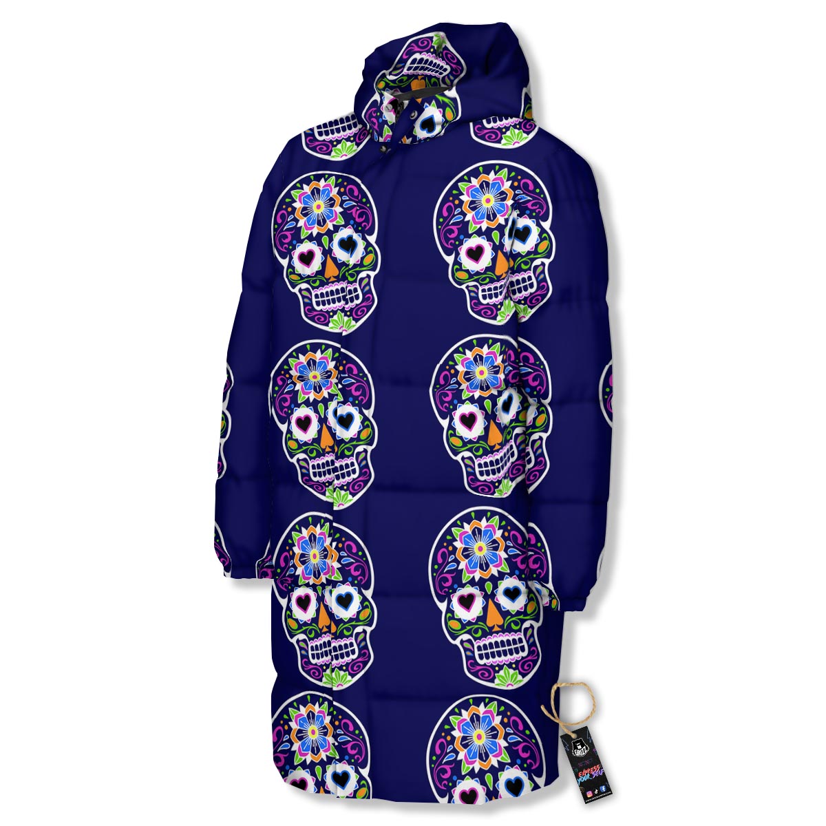 Sugar Skull Teal Pink Print Pattern Long Down Jacket-grizzshop