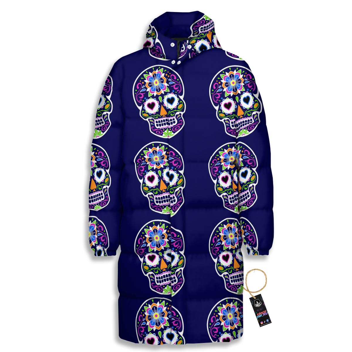 Sugar Skull Teal Pink Print Pattern Long Down Jacket-grizzshop