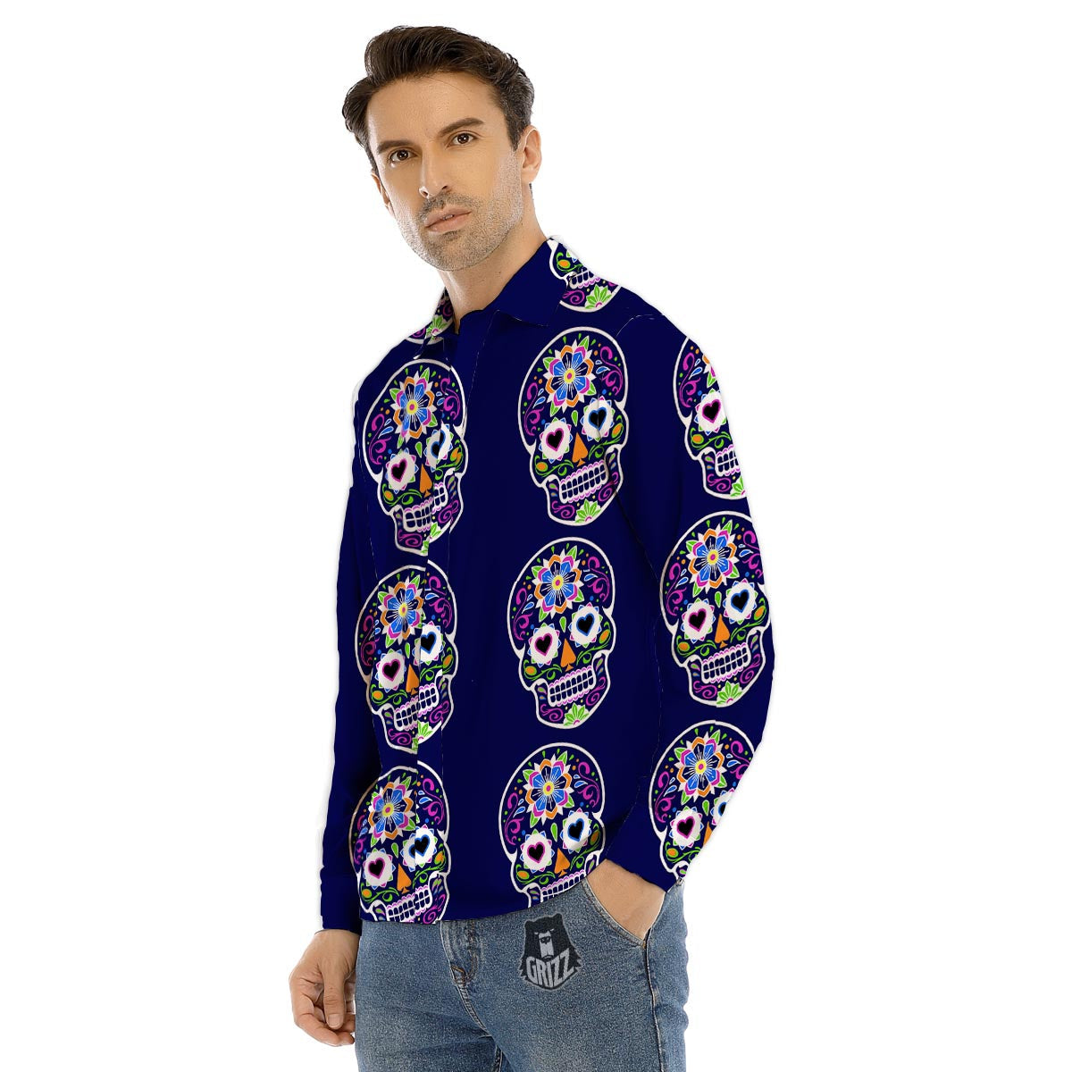Sugar Skull Teal Pink Print Pattern Men's Dress Shirts-grizzshop