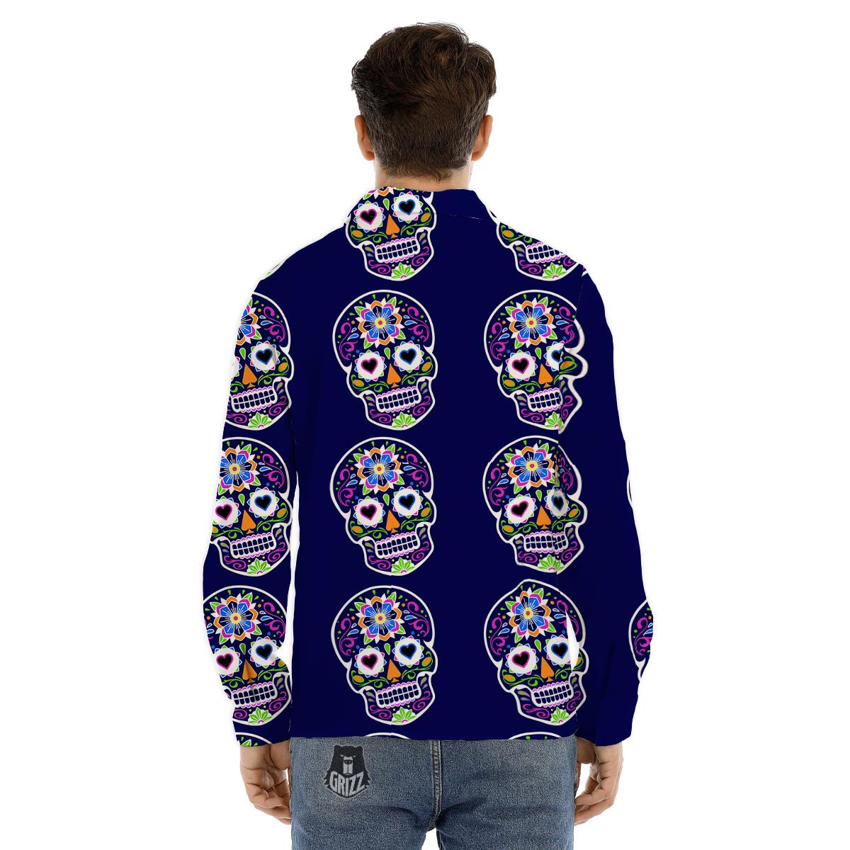 Sugar Skull Teal Pink Print Pattern Men's Dress Shirts-grizzshop