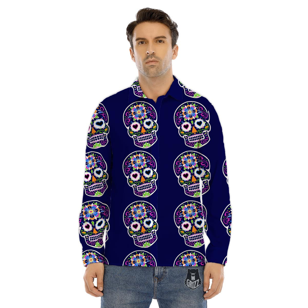 Sugar Skull Teal Pink Print Pattern Men's Dress Shirts-grizzshop