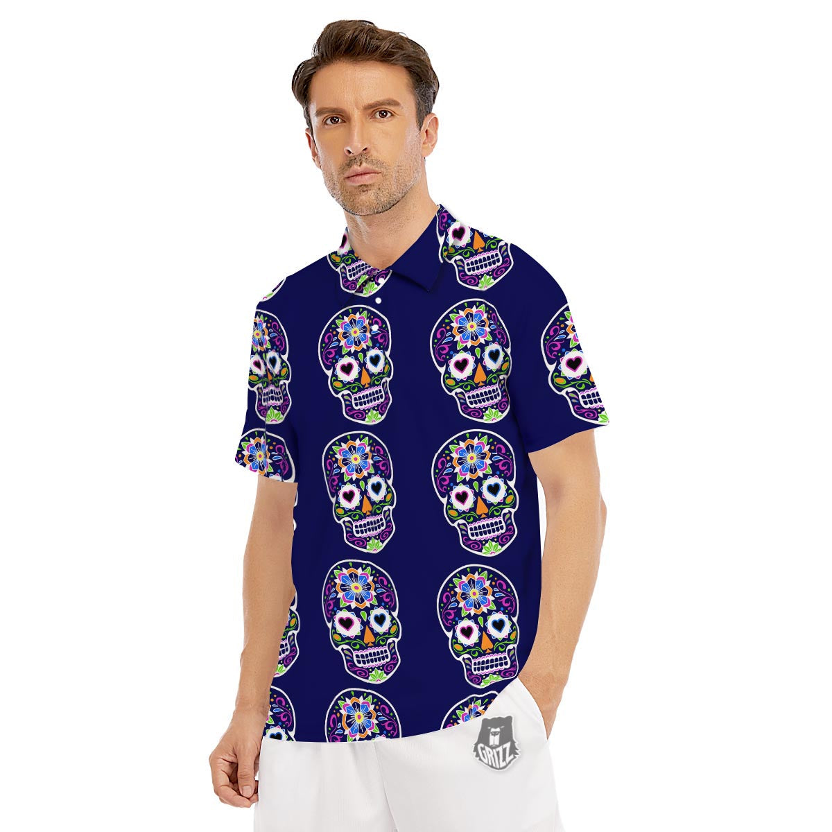 Sugar Skull Teal Pink Print Pattern Men's Golf Shirts-grizzshop