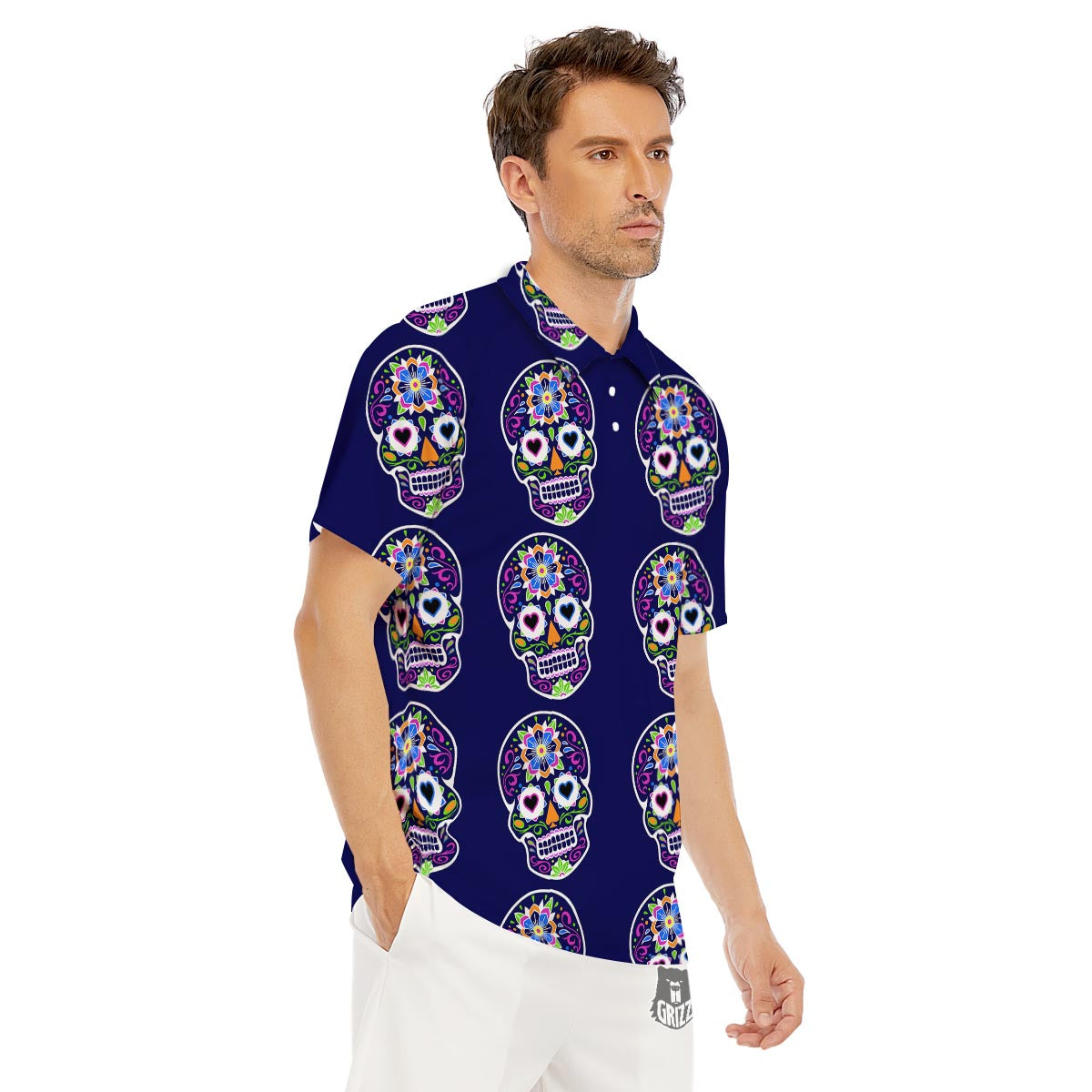 Sugar Skull Teal Pink Print Pattern Men's Golf Shirts-grizzshop