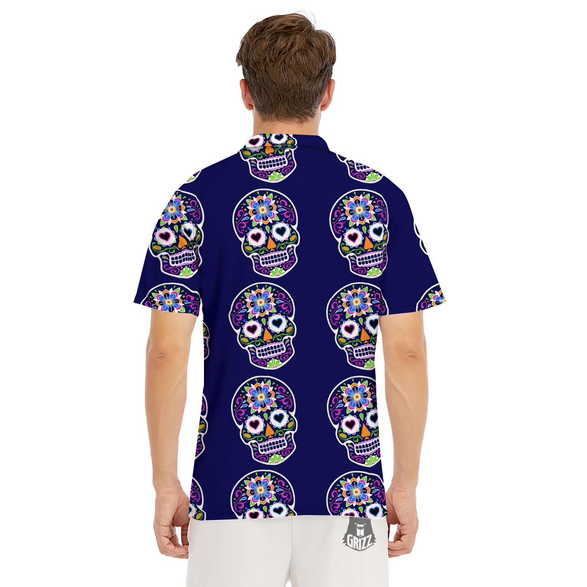 Sugar Skull Teal Pink Print Pattern Men's Golf Shirts-grizzshop