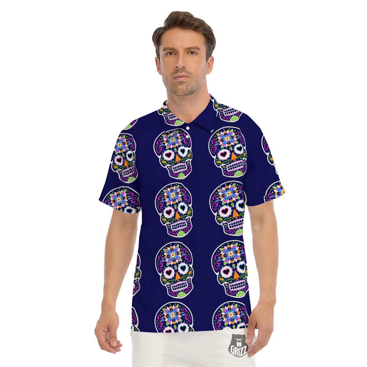 Sugar Skull Teal Pink Print Pattern Men's Golf Shirts-grizzshop