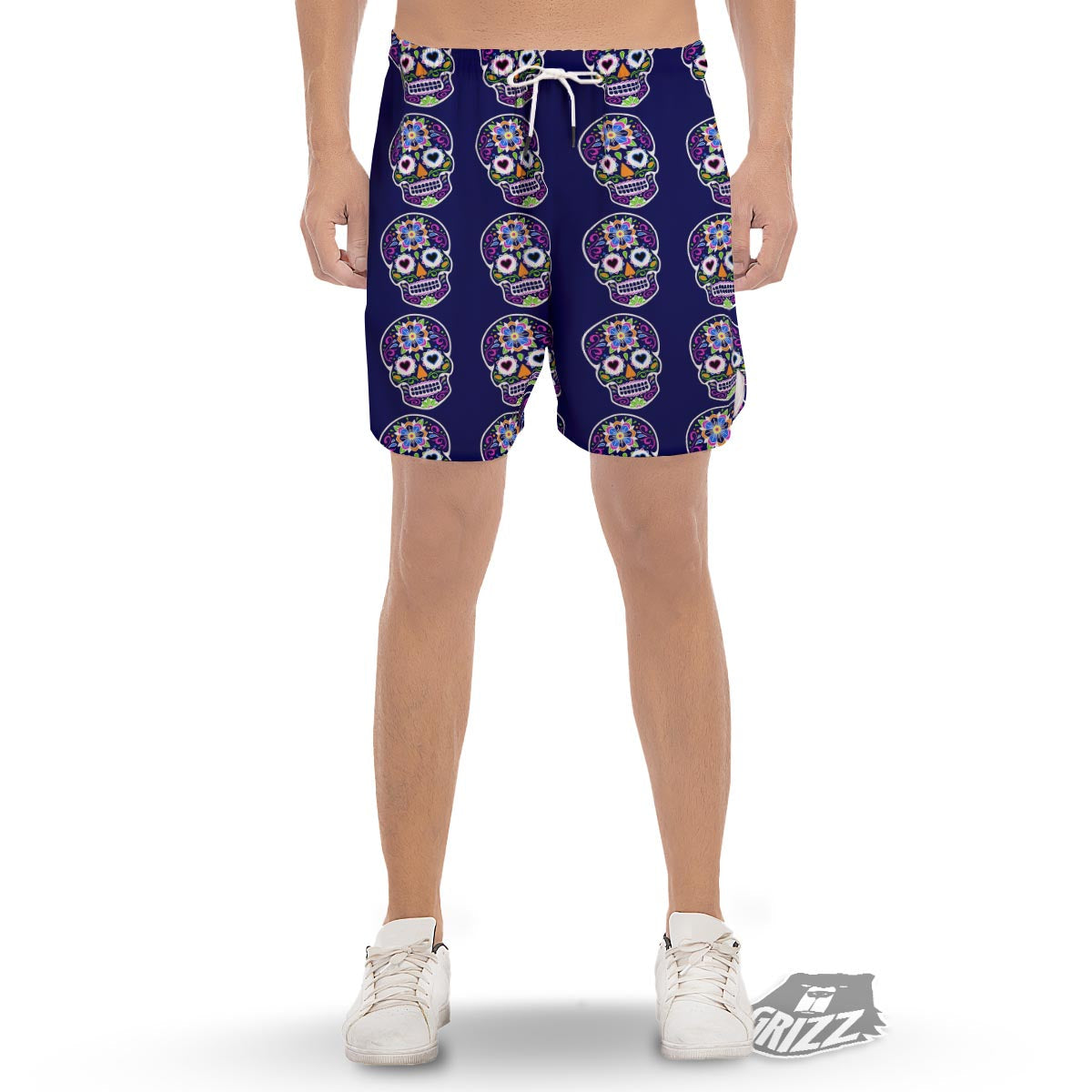 Sugar Skull Teal Pink Print Pattern Men's Gym Shorts-grizzshop