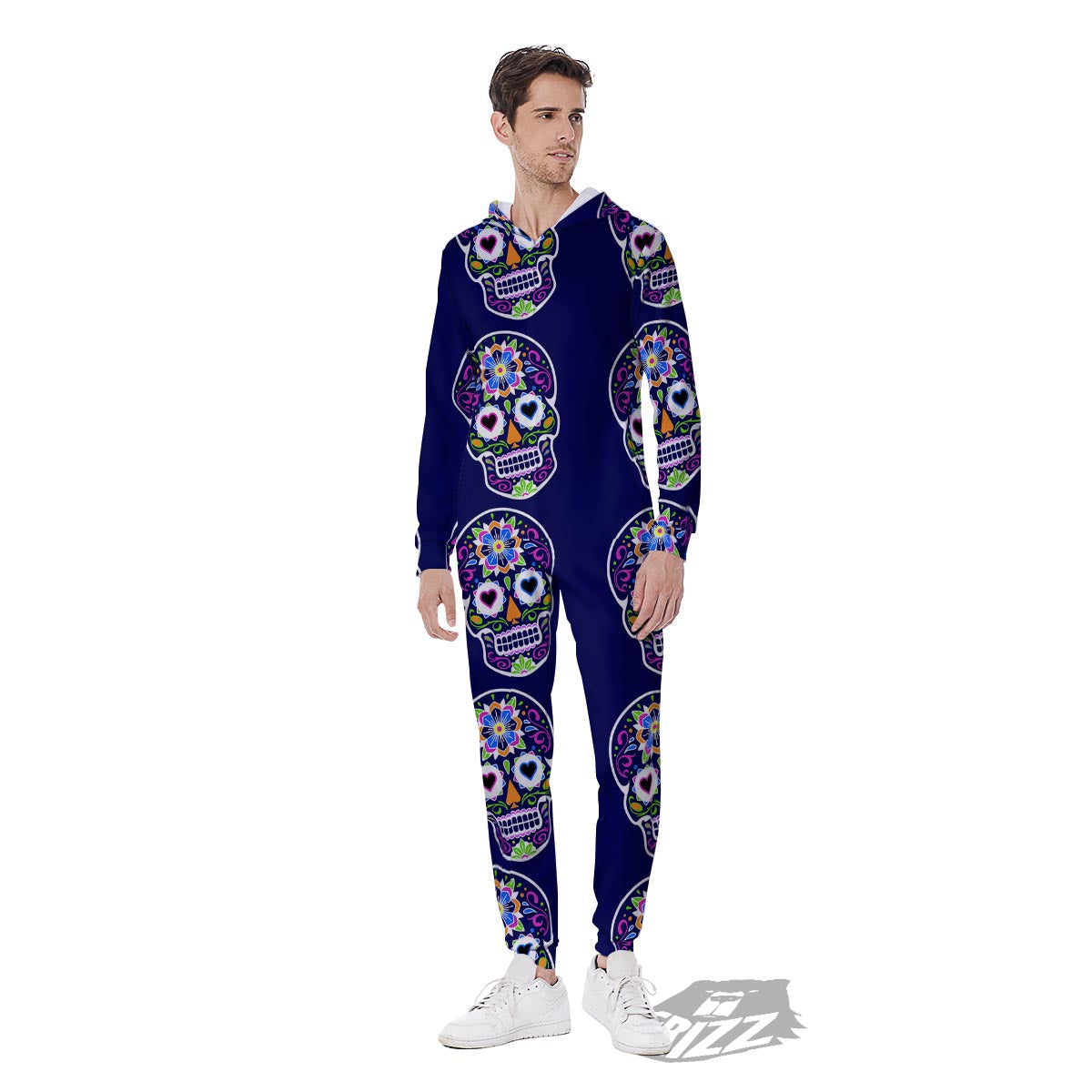 Sugar Skull Teal Pink Print Pattern Men's Jumpsuit-grizzshop