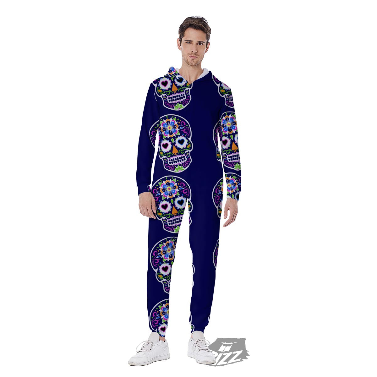 Sugar Skull Teal Pink Print Pattern Men's Jumpsuit-grizzshop