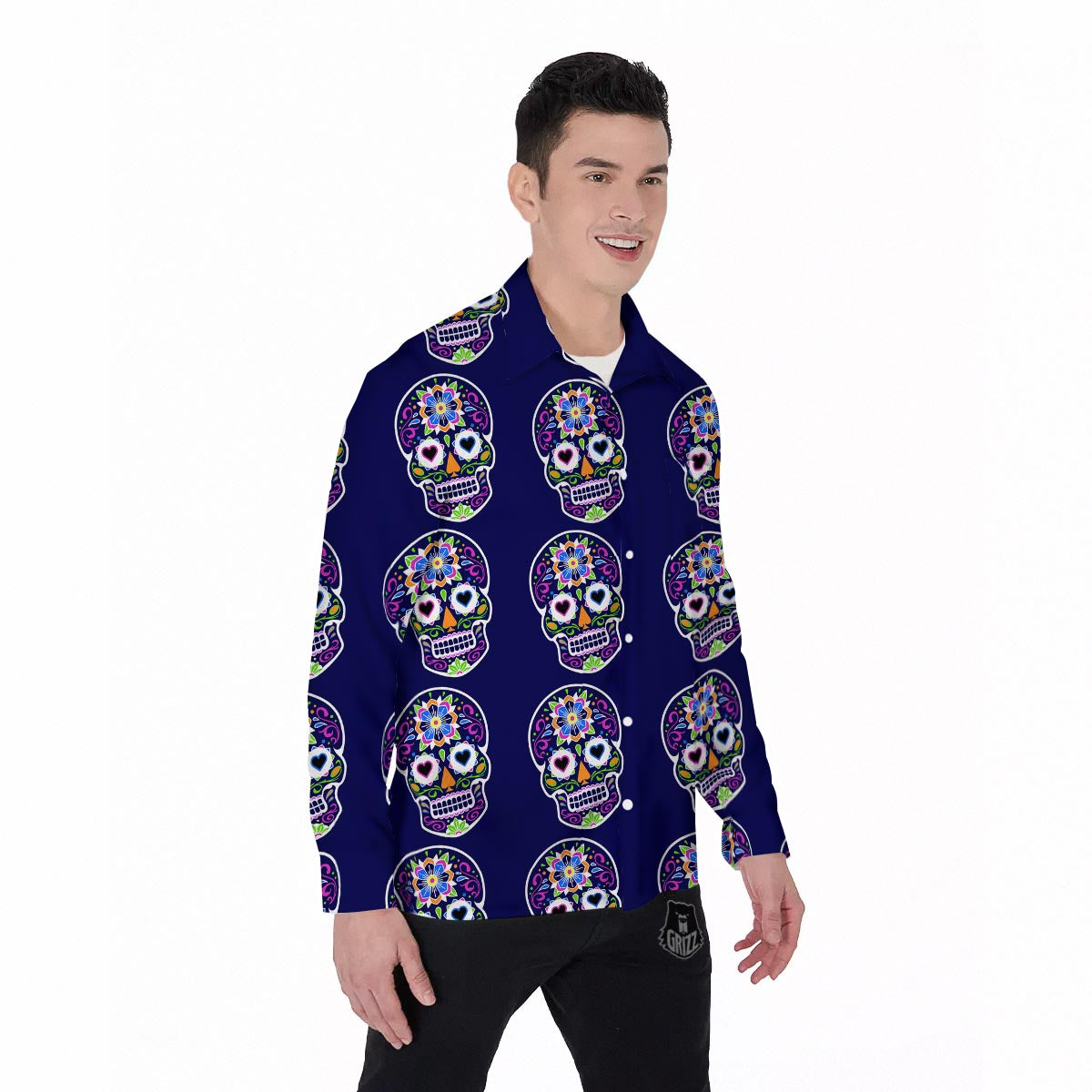 Sugar Skull Teal Pink Print Pattern Men's Long Sleeve Shirts-grizzshop