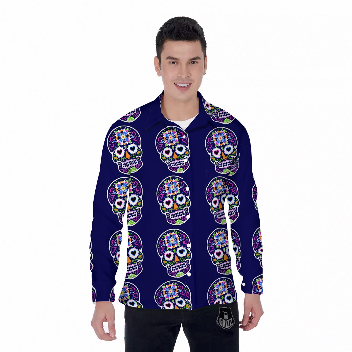 Sugar Skull Teal Pink Print Pattern Men's Long Sleeve Shirts-grizzshop