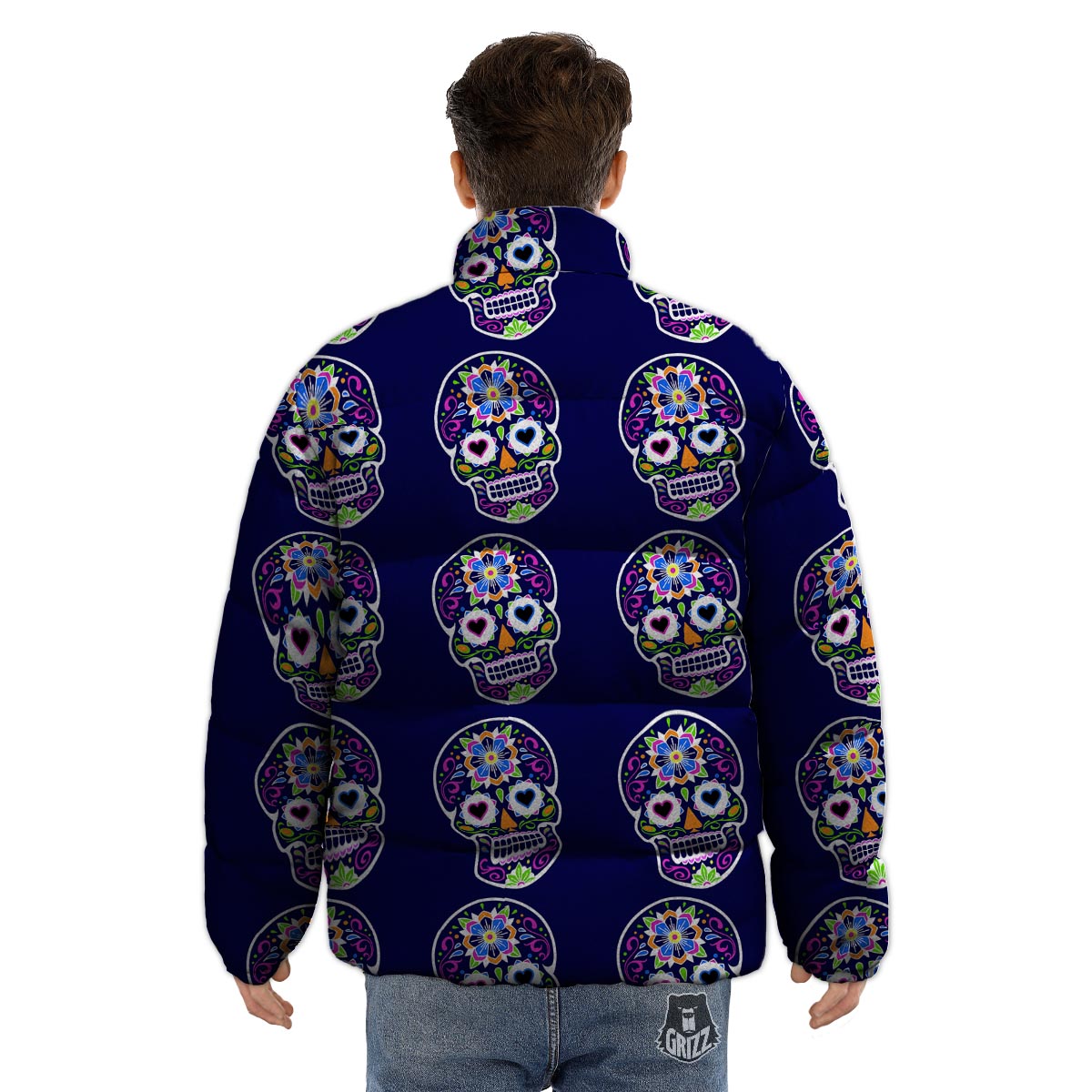 Sugar Skull Teal Pink Print Pattern Puffer Jacket-grizzshop