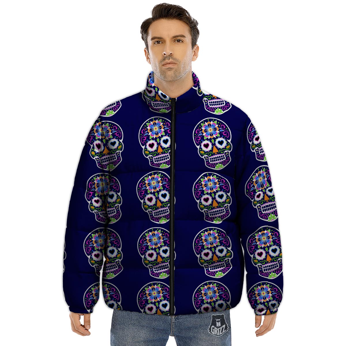 Sugar Skull Teal Pink Print Pattern Puffer Jacket-grizzshop