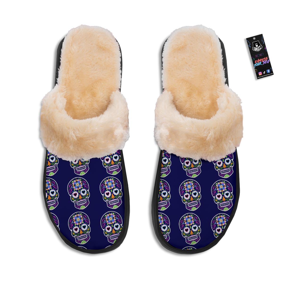 Sugar Skull Teal Pink Print Pattern Slippers-grizzshop