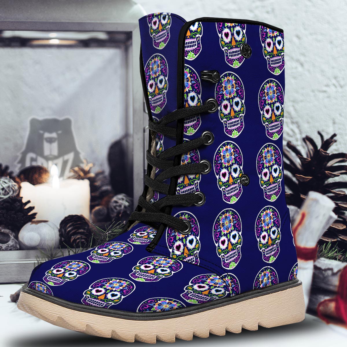 Sugar Skull Teal Pink Print Pattern Snow Boots-grizzshop