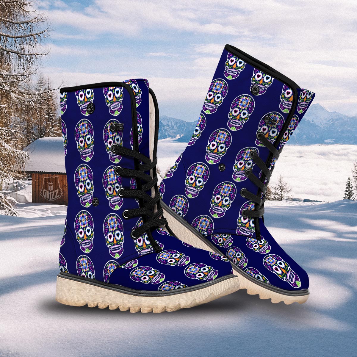 Sugar Skull Teal Pink Print Pattern Snow Boots-grizzshop