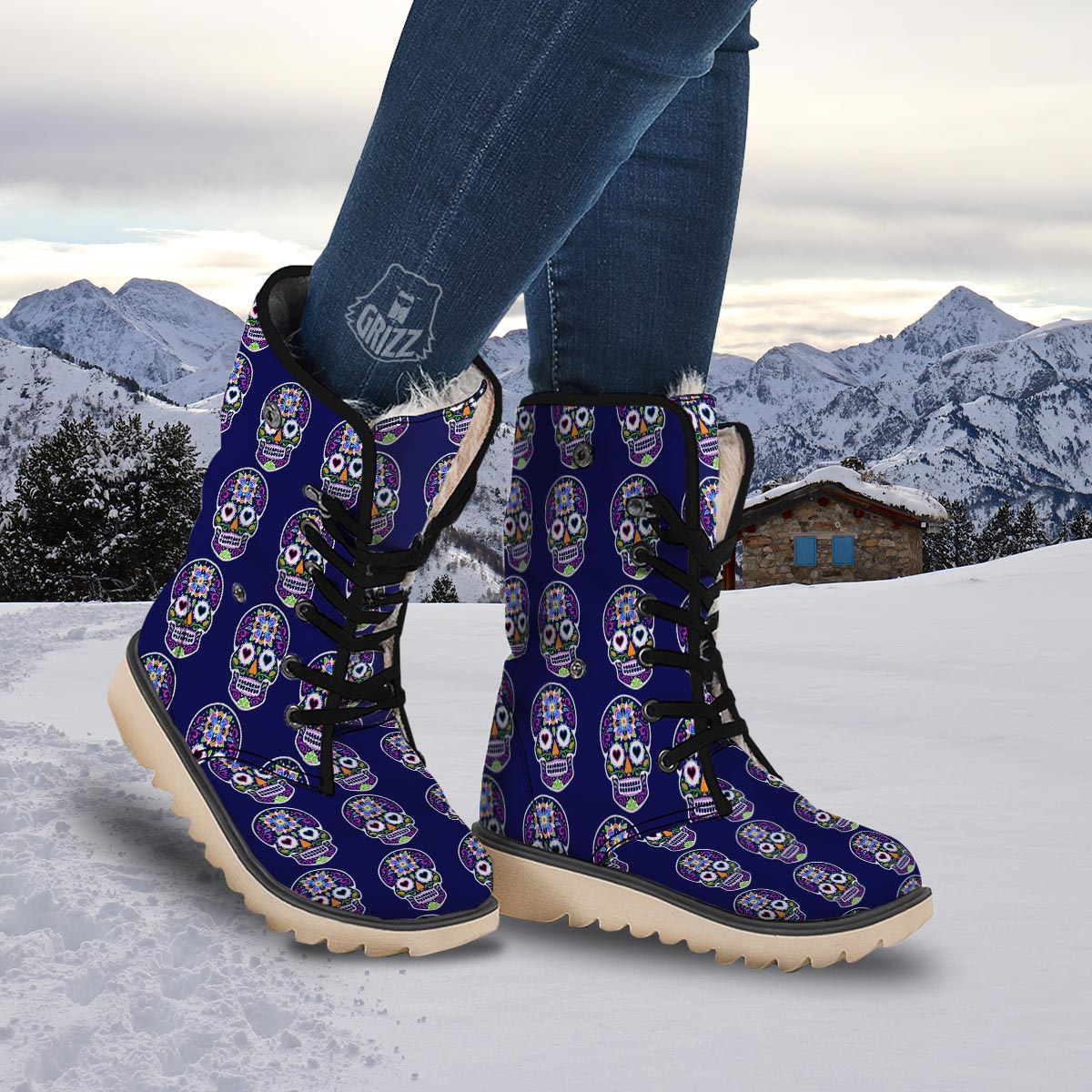 Sugar Skull Teal Pink Print Pattern Snow Boots-grizzshop