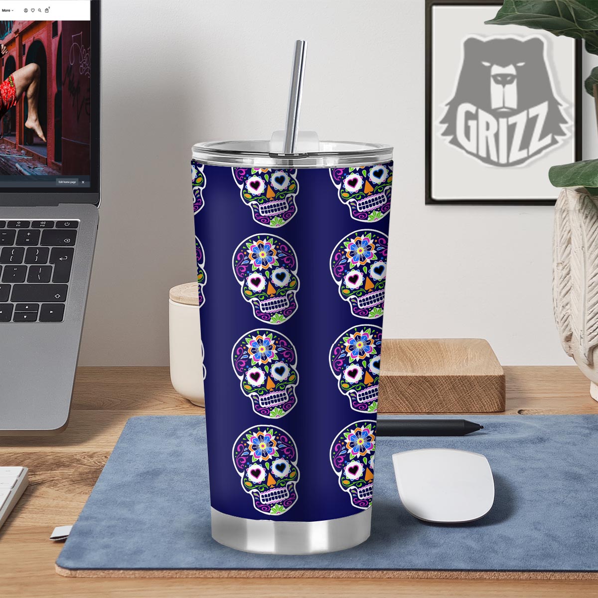 Sugar Skull Teal Pink Print Pattern Tumbler-grizzshop