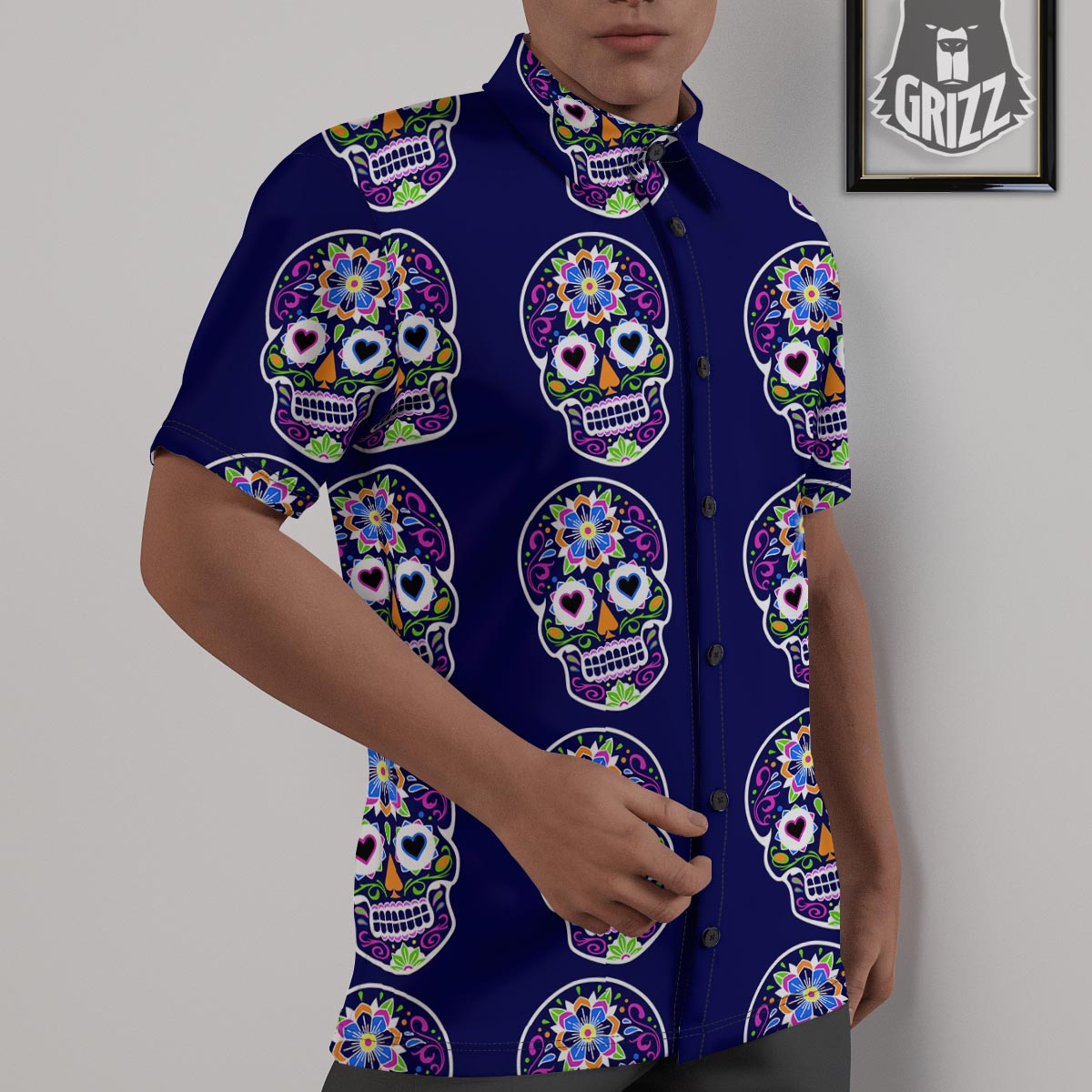 Sugar Skull Teal Pink Print Pattern Untucked Shirts-grizzshop