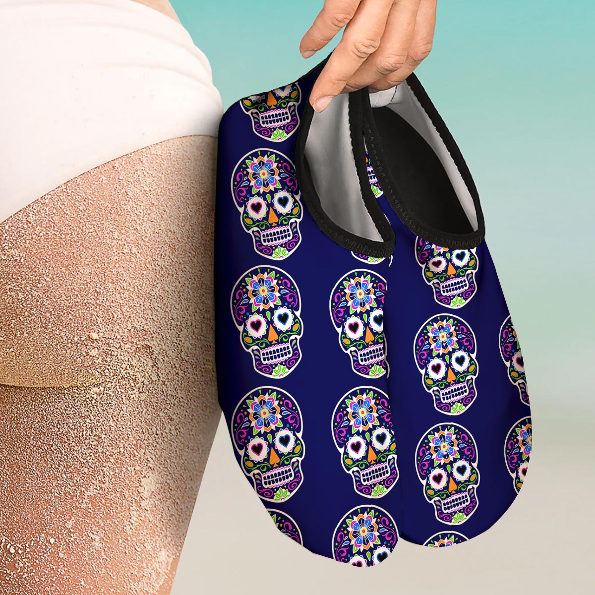 Sugar Skull Teal Pink Print Pattern Water Shoes-grizzshop