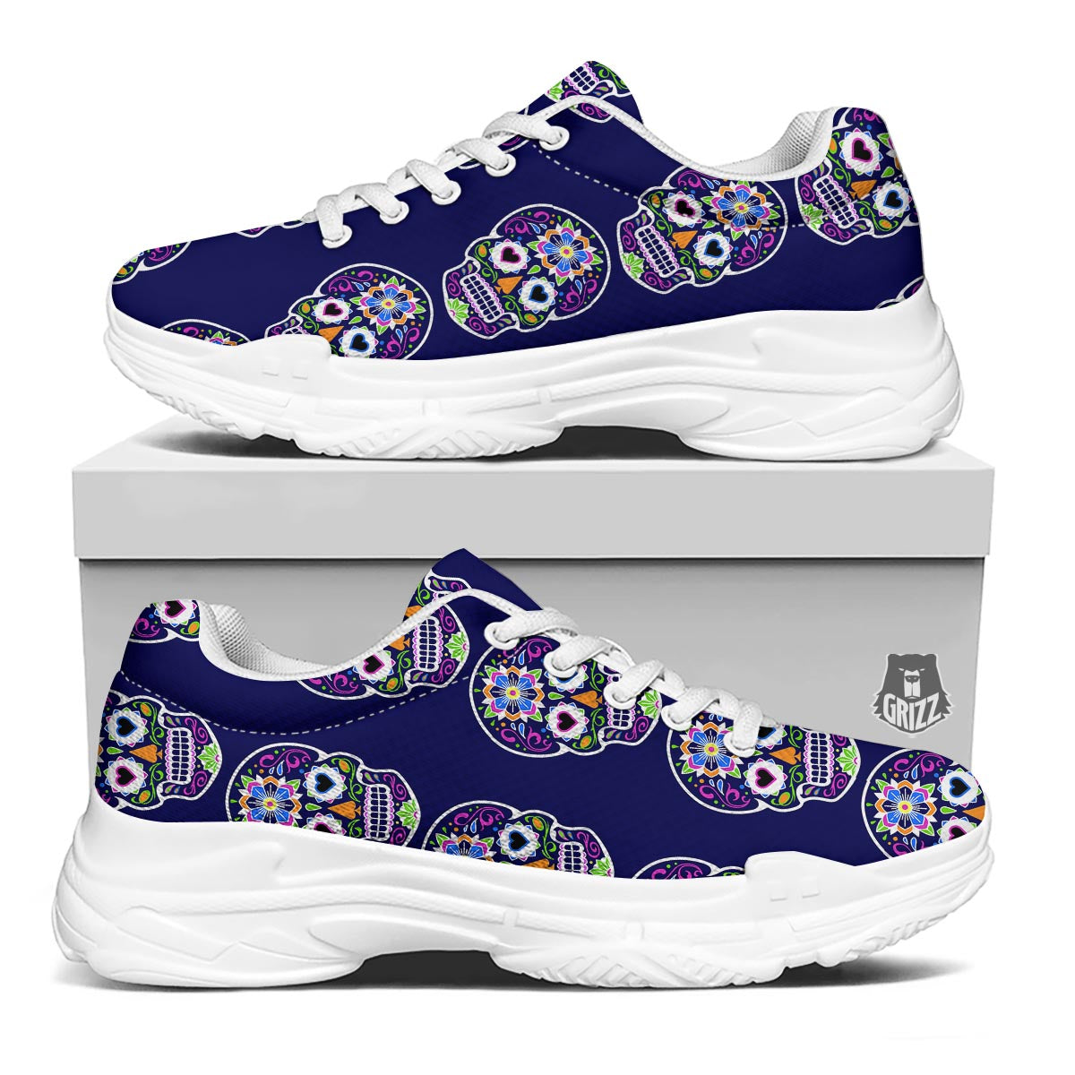 Sugar Skull Teal Pink Print Pattern White Chunky Shoes-grizzshop