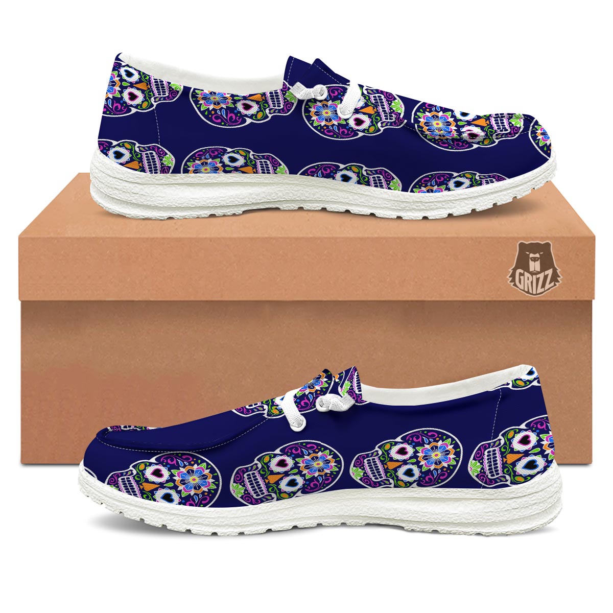 Sugar Skull Teal Pink Print Pattern White Loafers-grizzshop