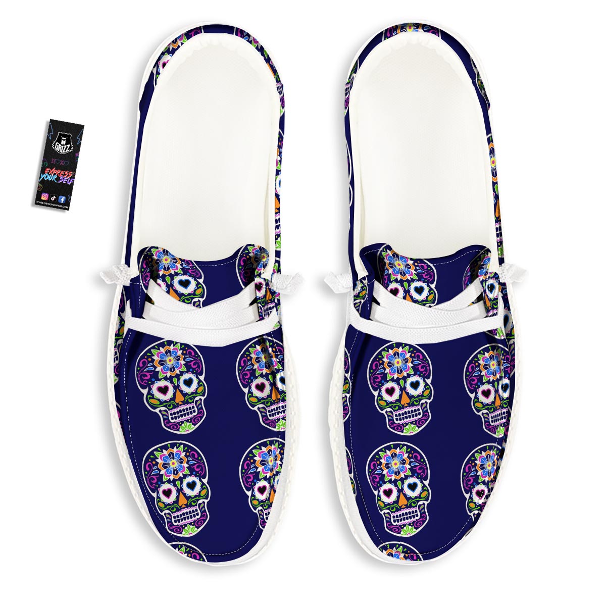 Sugar Skull Teal Pink Print Pattern White Loafers-grizzshop