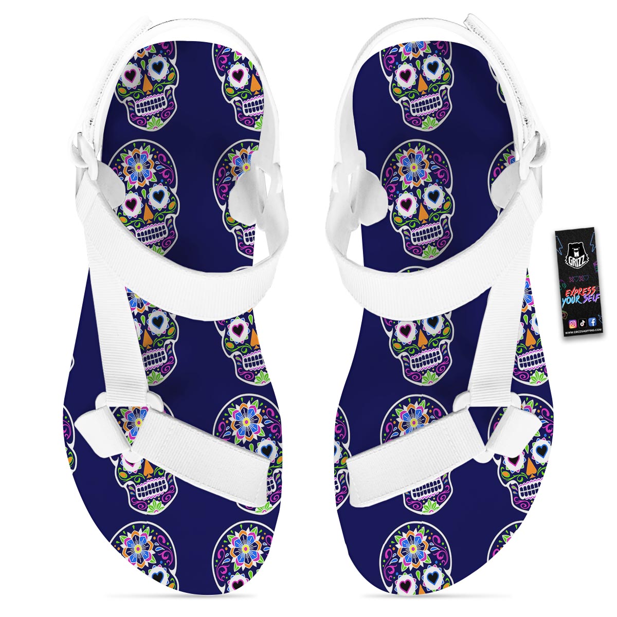 Sugar Skull Teal Pink Print Pattern White Open Toe Sandals-grizzshop
