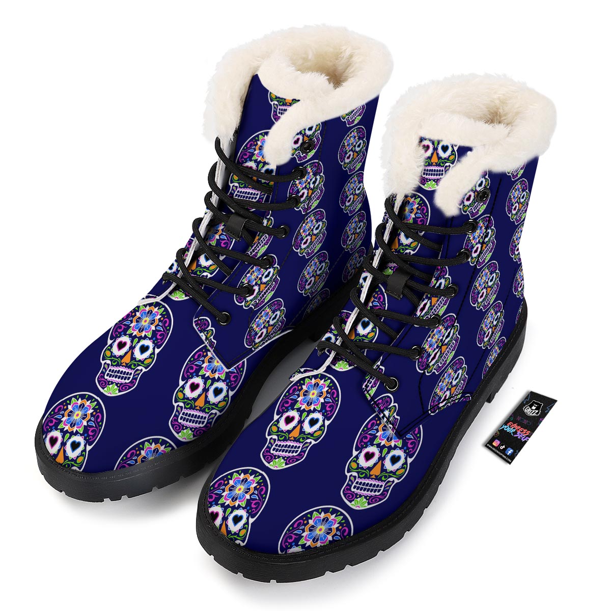Sugar Skull Teal Pink Print Pattern Winter Boots-grizzshop