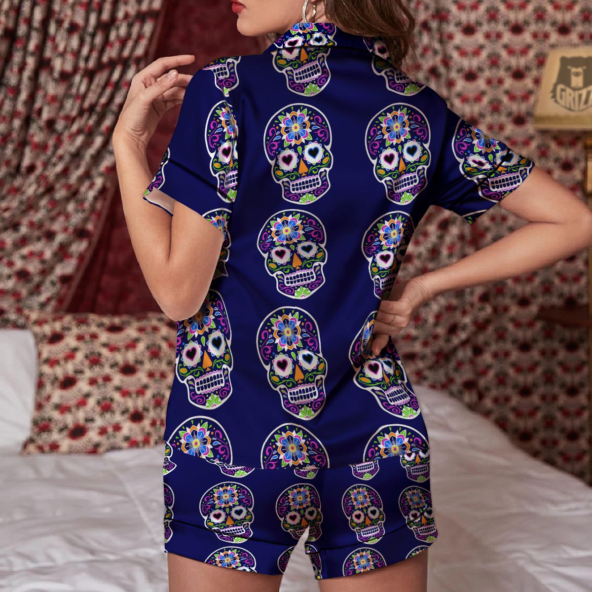 Sugar Skull Teal Pink Print Pattern Women Silk Pajamas-grizzshop