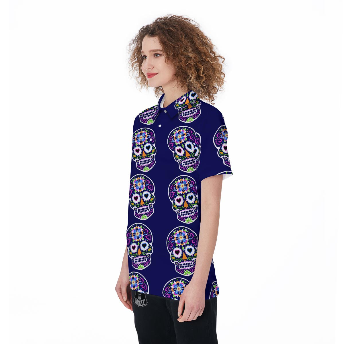 Sugar Skull Teal Pink Print Pattern Women's Golf Shirts-grizzshop