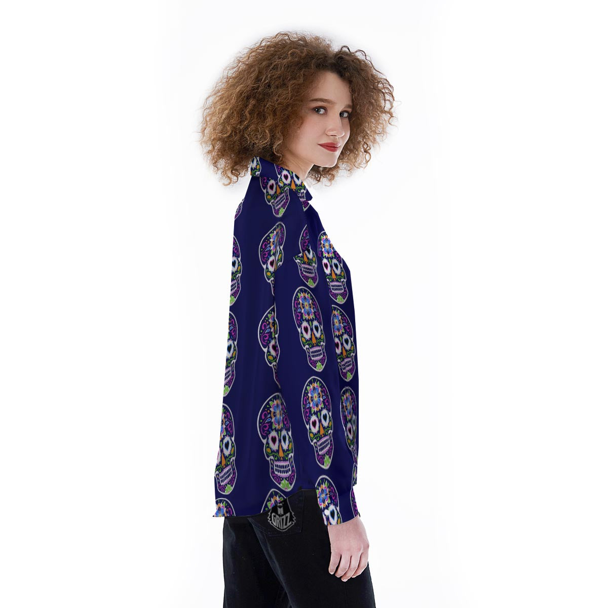 Sugar Skull Teal Pink Print Pattern Women's Long Sleeve Shirts-grizzshop