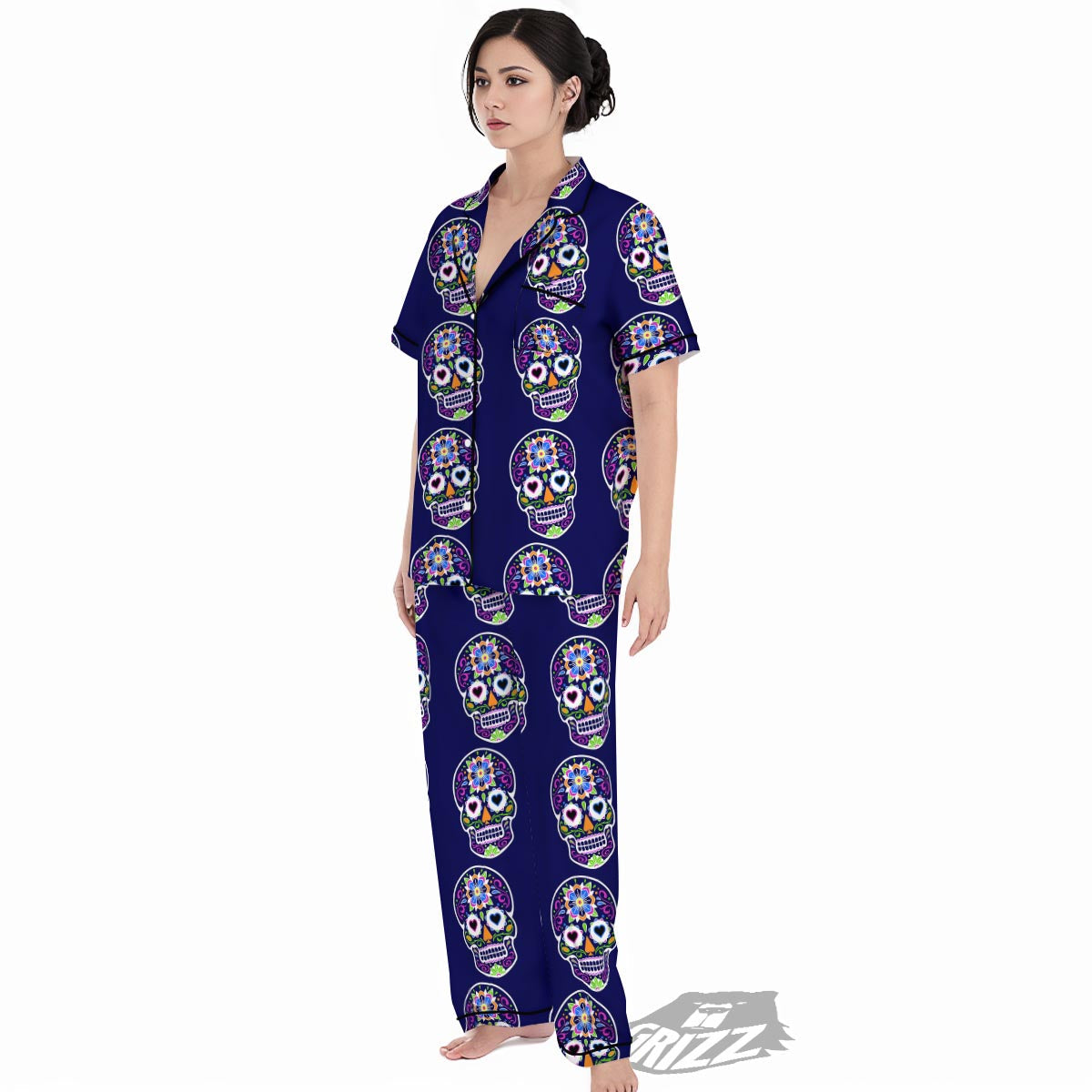 Sugar Skull Teal Pink Print Pattern Women's Pajamas Set-grizzshop
