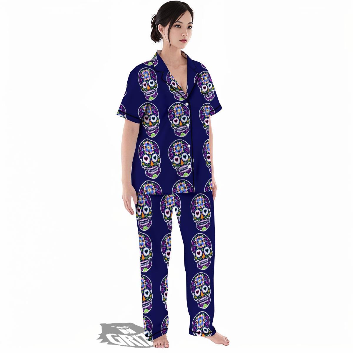 Sugar Skull Teal Pink Print Pattern Women's Pajamas Set-grizzshop