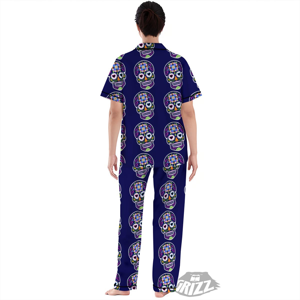 Sugar Skull Teal Pink Print Pattern Women's Pajamas Set-grizzshop