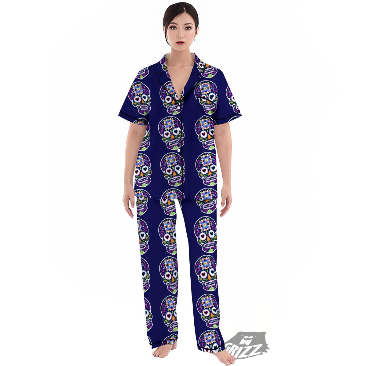 Sugar Skull Teal Pink Print Pattern Women's Pajamas Set-grizzshop